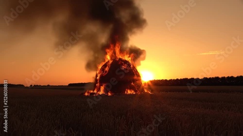 Burning haystack at sunset.