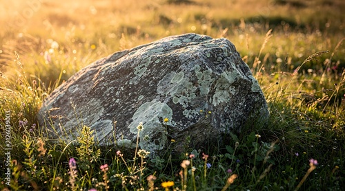 Large moss-covered boulder resting in a sunlit grassy field.