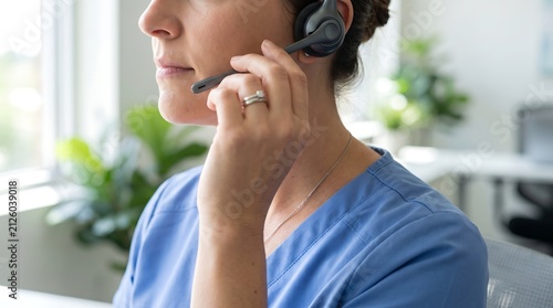 Close-up profile of a healthcare professional wearing a headset, suggesting communication and patient care in a medical setting.