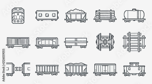 Bild auf Leinwand Minimalist Black and White Line Drawing Set of Various Railway Freight Train Car