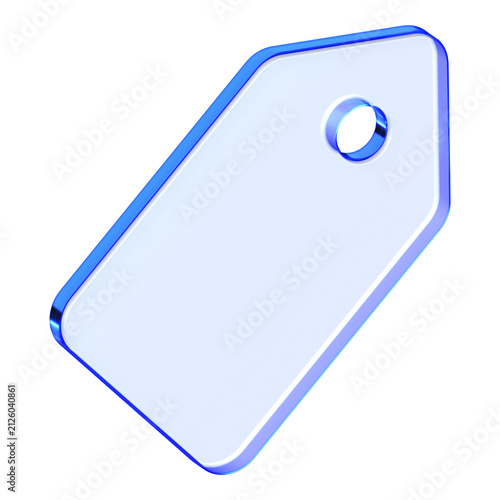 Blue glass price tag icon in glassmorphism style for retail discount, sleek offer symbol designed for sale promo, shopping deal, and label badge