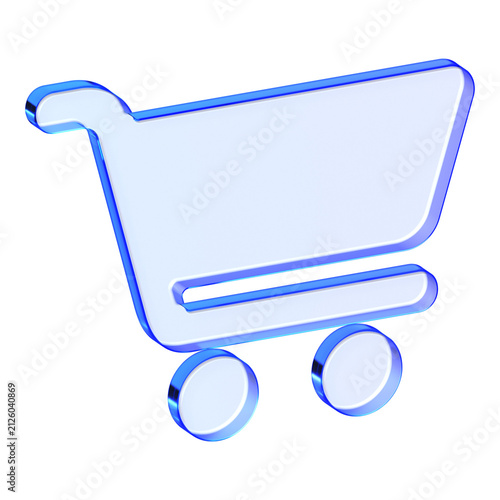 Blue glass shopping cart icon in glassmorphism style for e-commerce, functional store symbol designed for online purchase, retail checkout, and basket menus
