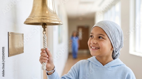 Smiling young girl with headscarf ringing a brass bell in a hospital hallway, celebrating a milestone in her health journey.