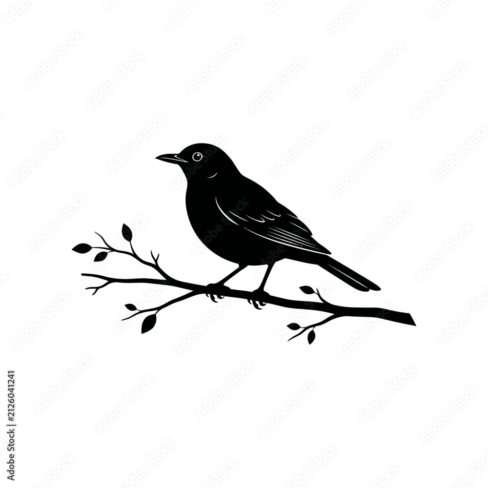 Obraz premium Birds on branches set in silhouette style, Black bird vector illustration on twig, Minimal nature outline, Simple animal logo design for nature brand Halloween