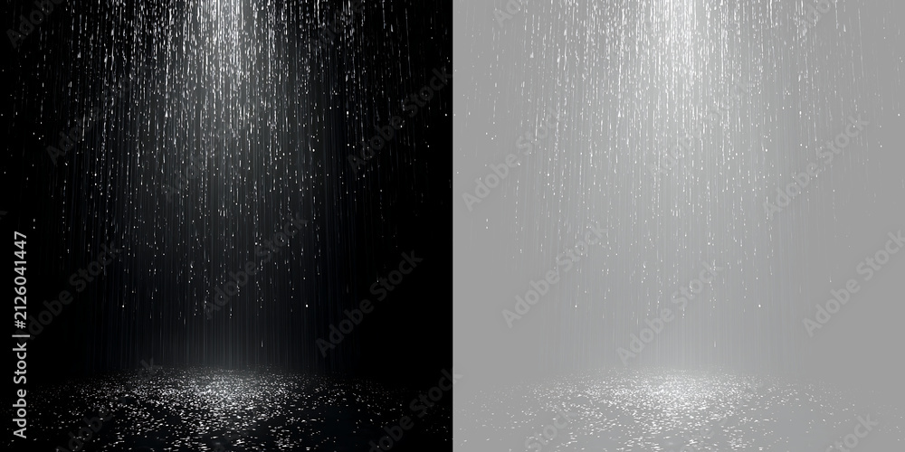 Naklejka premium Realistic rain overlay effect with water drops falling. Heavy rainfall streams on dark transparent background