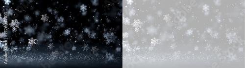 Falling snow overlay effect with blurred snowflakes on transparent background. Winter blizzard particle backdrop