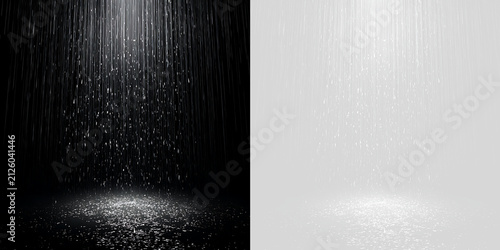 Canvastavla Dense rain curtain and water spray falling under top beam light