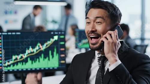 Businessman celebrating success on the phone.