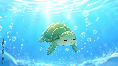 Adorable sea turtle swimming gently through sunlit ocean water with bubbles