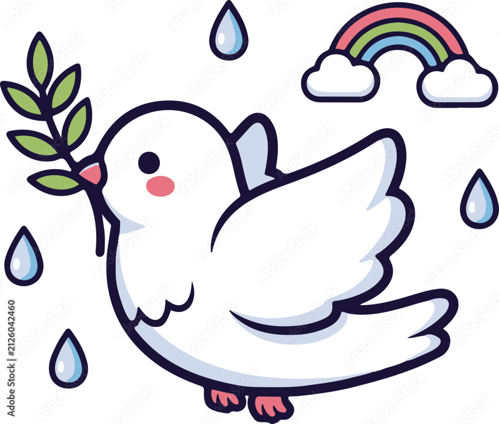 Fototapeta premium A cartoon dove holding an olive branch in a peaceful and serene environment with rain and a rainbow