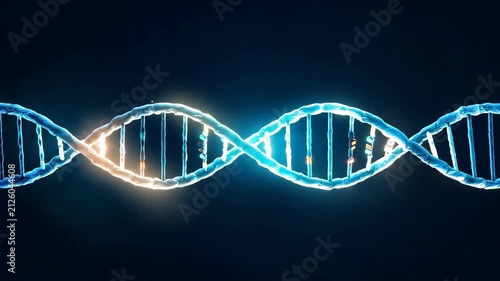 DNA helix glowing with digital particles during genetic research in dark laboratory