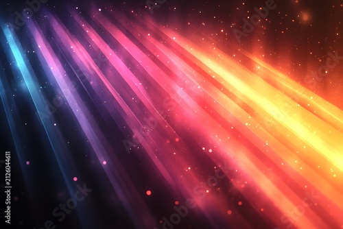 Diagonal beams of light in blue, pink, and yellow cast across a dark background with sparkling particles.