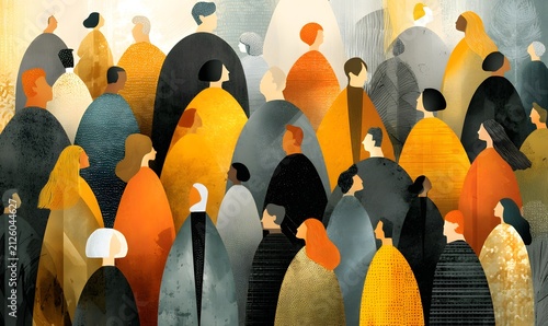 Diverse crowd of stylized people depicted with rounded shapes and warm, muted colors in a gentle gathering.