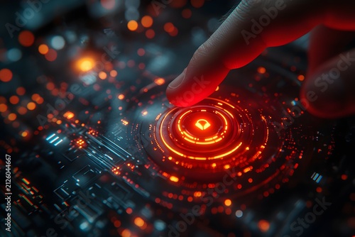 Finger presses a glowing red button on a futuristic circuit board with blue and orange lights.