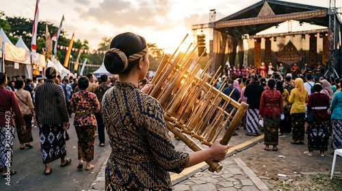 Indonesian Musician Playing Traditional Bamboo Angklung Instrument at Cultural Festival.