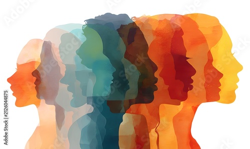 Overlapping silhouettes of diverse faces in profile, rendered in watercolor hues of orange, teal, and yellow.