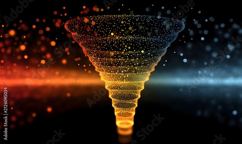 Swirling vortex of colorful illuminated particles glows against a dark background with bokeh lights.