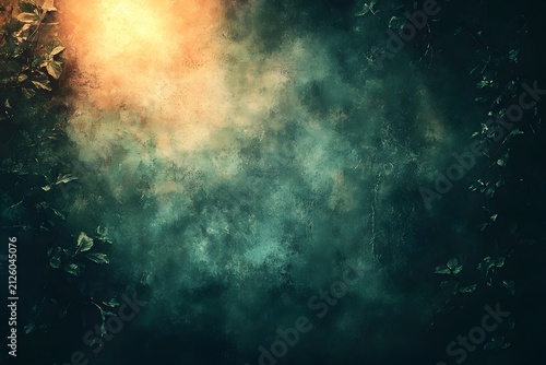 Textured background with smoky ethereal clouds in green and turquoise tones illuminated by a bright orange light.
