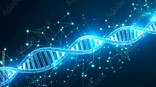DNA helix rotating in digital network with glowing particles during dark science discovery
