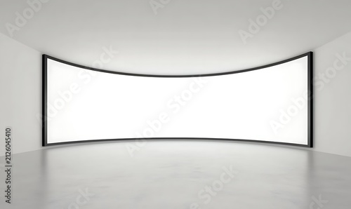 Empty wide curved screen on white wall in modern room for digital advertising.