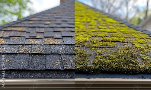 Roof shingles with vibrant green moss on one side, clean asphalt on other side comparison.