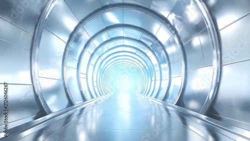 Futuristic Sci-Fi Corridor with Blue Light at the End During a Smooth Camera Fly Through