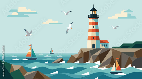 Geometric coastal marine landscape featuring a red and white striped lighthouse on rocky cliffs with sailboats on the sea in blue, red, and white.