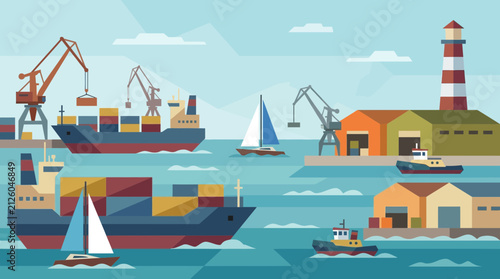Geometric industrial illustration featuring container ships docked at a busy harbor with loading cranes and a lighthouse in blue, red, and green.