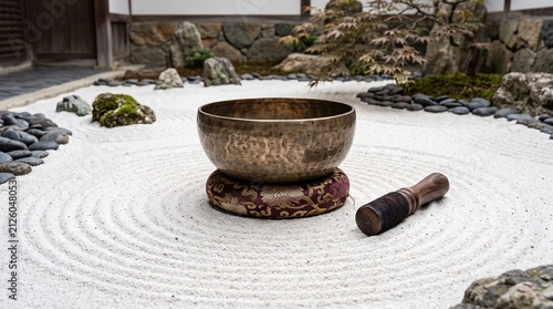 Bronze Tibetan singing bowl set on raked sand in a serene Japanese zen garden, ideal for mindfulness meditation and sound therapy.