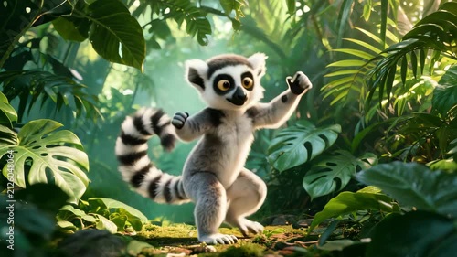 Ring-tailed lemur dancing playfully in a lush jungle during golden hour cinematic motion