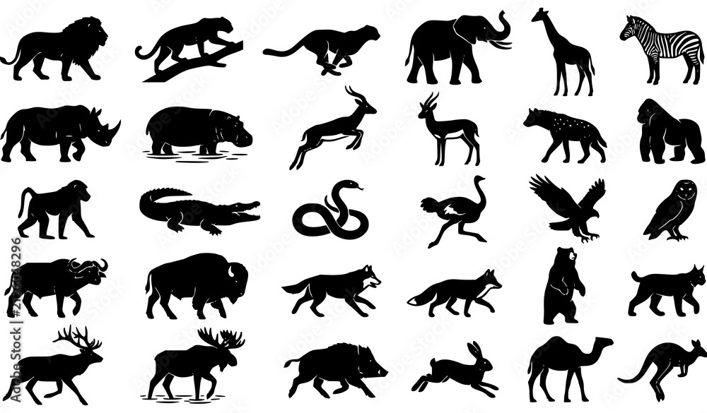 Obraz premium Safari Wildlife Animal Silhouette Bundle Minimal Black Vector Illustration Set