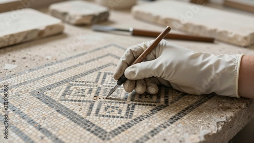 Skilled artisan meticulously restores fragmented mosaic artwork using precision tools in a conservation workshop.