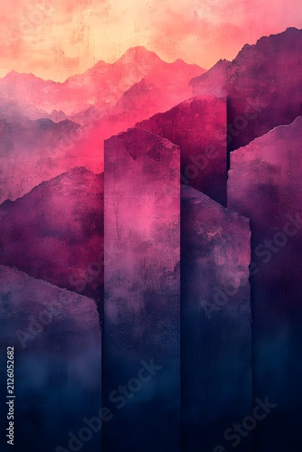 Abstract landscape painting with vibrant pink and purple hues depicting mountainous terrain.