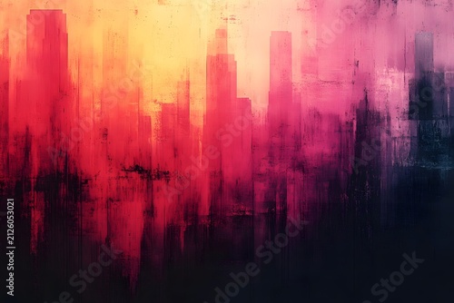 An abstract cityscape emerges from a textured blend of fiery orange, vibrant pink, and deep charcoal tones.