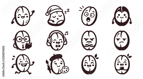 Set of cute coffee bean characters with different expressions.