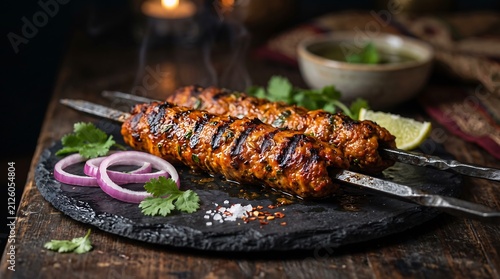 Grilled Seekh Kebab Skewers with Red Onion Slices