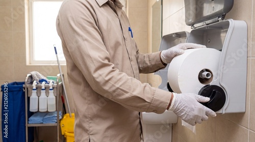 Maintenance worker restocking toilet paper dispenser in restroom
