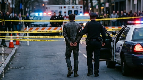Police officer escorting handcuffed suspect at crime scene.