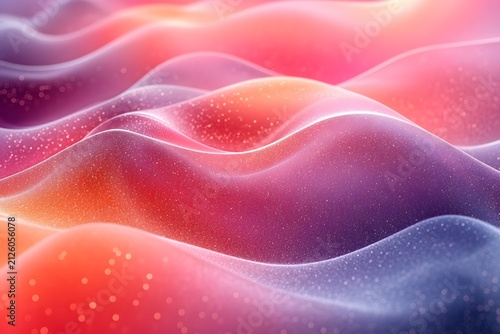 Abstract flowing landscape of undulating surfaces in soft pink, orange, and purple with scattered sparkles.