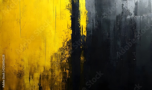 Bold abstract art features a strong vertical division between vibrant yellow and rough black textures.