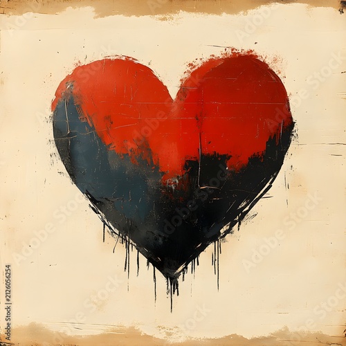 Bold, stylized heart painted in striking red and dark charcoal gray on a distressed, textured background.