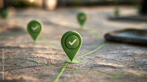 A close-up of a map with green location pins connected by a green line, symbolizing navigation and route tracking.