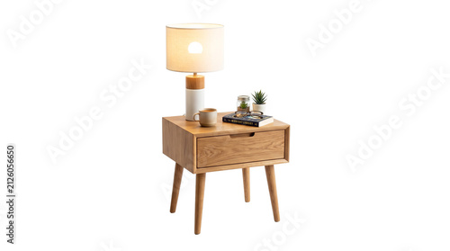 Contemporary Wooden Bedside Table with Stylish Lamp Isolated on White Background