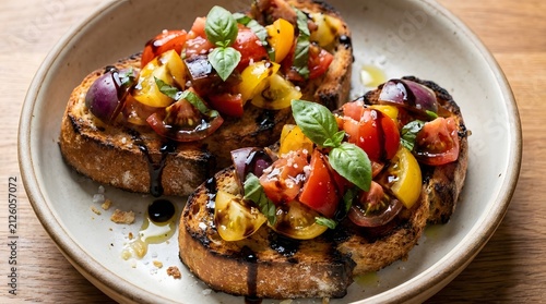 Fresh bruschetta with heirloom tomatoes and balsamic glaze served on a rustic plate dish.