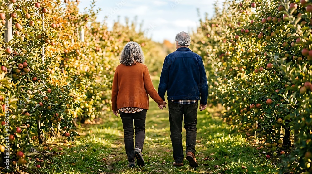 Obraz premium Senior couple walking hand in hand through a lush apple orchard in autumn.