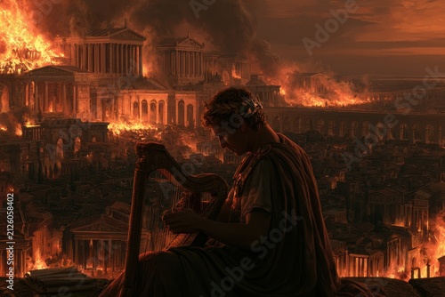 Ancient Rome in Flames: An Imperial Ruler Plays a Harp as the City Burns in Dramatic Antiquity