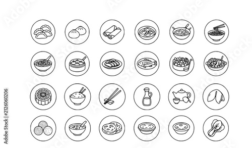 Obraz na płótnie Chinese Food Line Icons Set with Traditional Asian Cuisine Hand Drawn Outline Ve