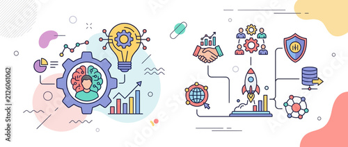 Comprehensive business strategy planning for startup growth with innovation and data analysis icons
