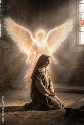 Angel Wing Woman Praying Cathedral Spiritual Concept