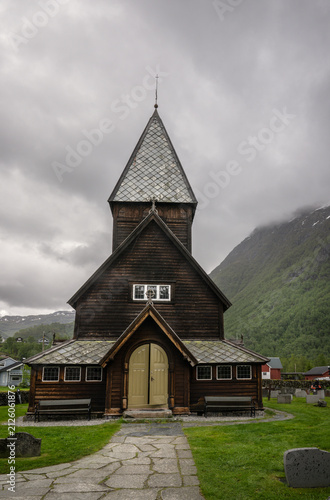 The stave church of Røldal in the Norwegian municipality of Ullensvang. The wooden stave church was built around 1250.
